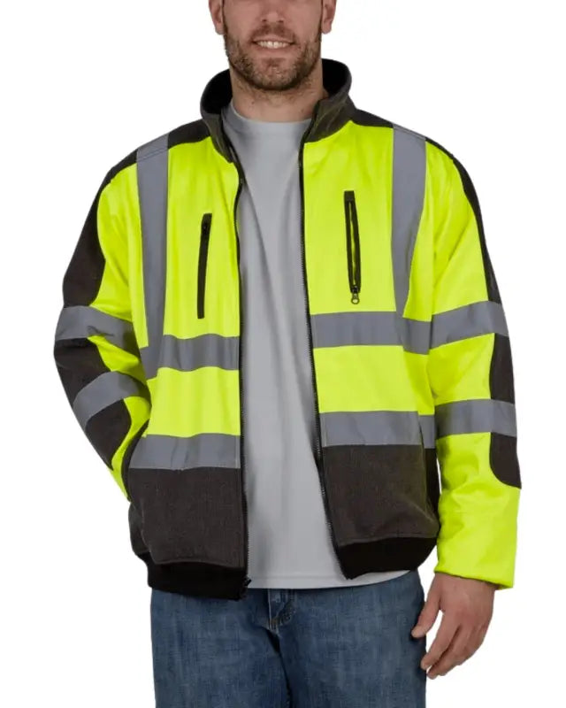 UHV828 HiVis Sport Soft Shell Jacket with silver heat-reflecting lining and zippered pockets