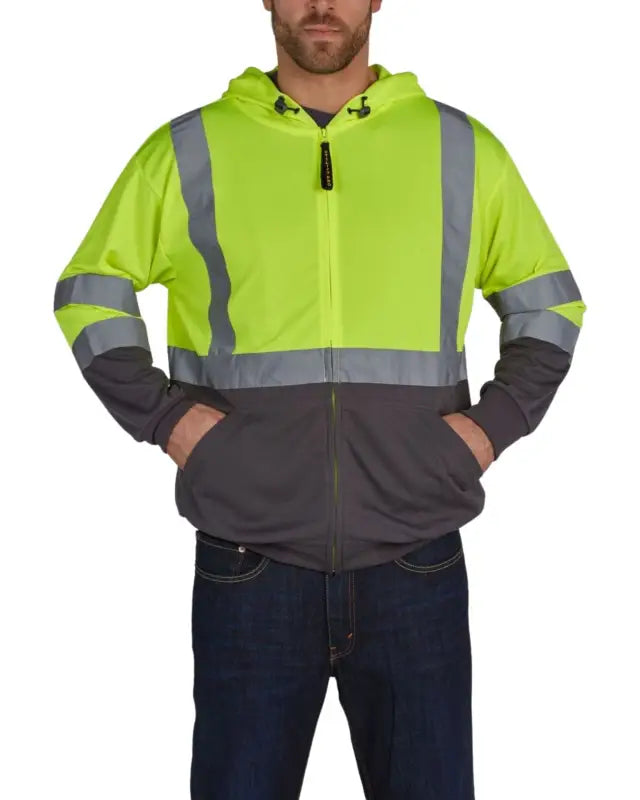 High-visibility UHV829 HiVis Ultra Light Full Zip Hoodie in neon yellow and grey