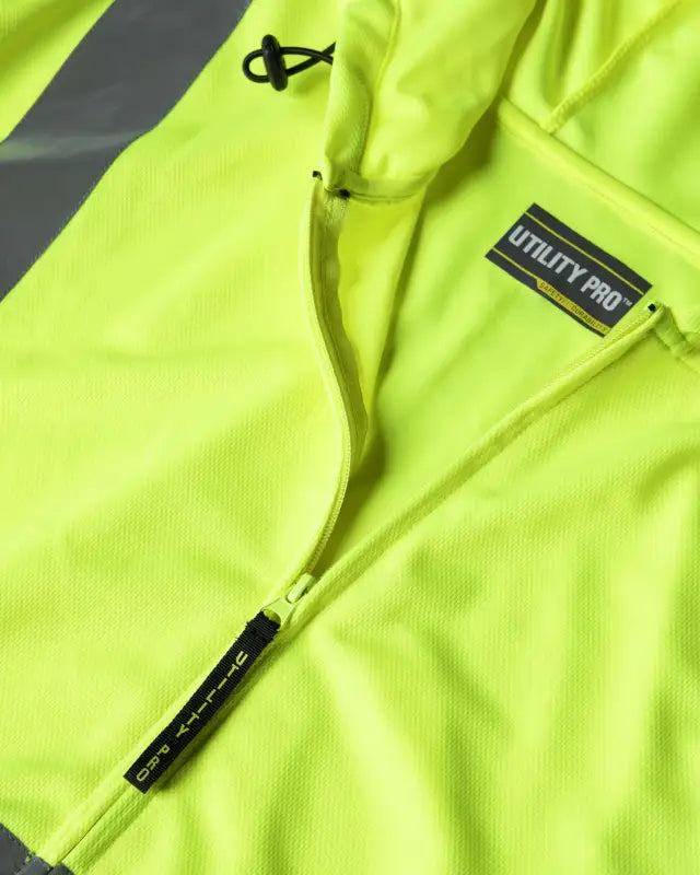 Neon yellow UHV829 HiVis Ultra Light Full Zip Hoodie with black logo patch