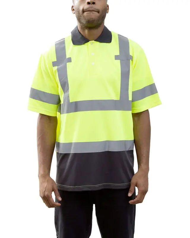 High-visibility UH834 Men’s Hi Vis Polo Shirt with reflective stripes and black bottom panel