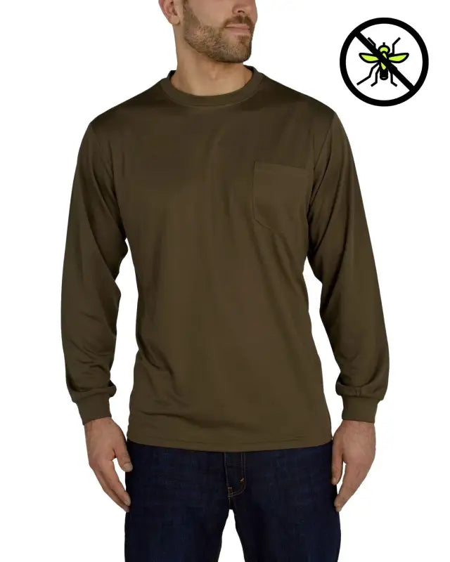 Olive green UHV856 Long Sleeve Knit Shirt featuring PERIMETER™ Insect Guard logo