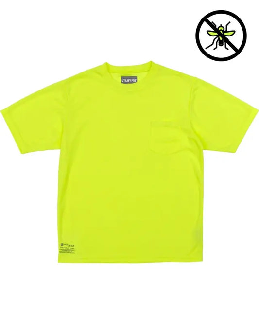 Neon yellow UHV866 HiVis Short Sleeve Shirt featuring PERIMETER™ Insect Guard logo