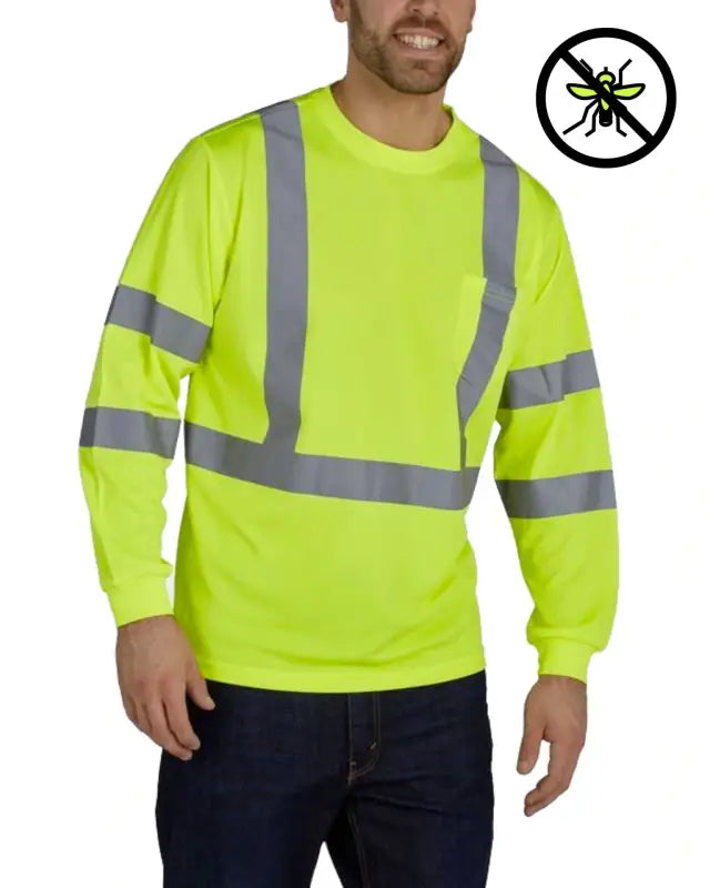 High-visibility yellow UHV867 HiVis Long Sleeve Tee with reflective stripes and PERIMETER™ Insect Guard