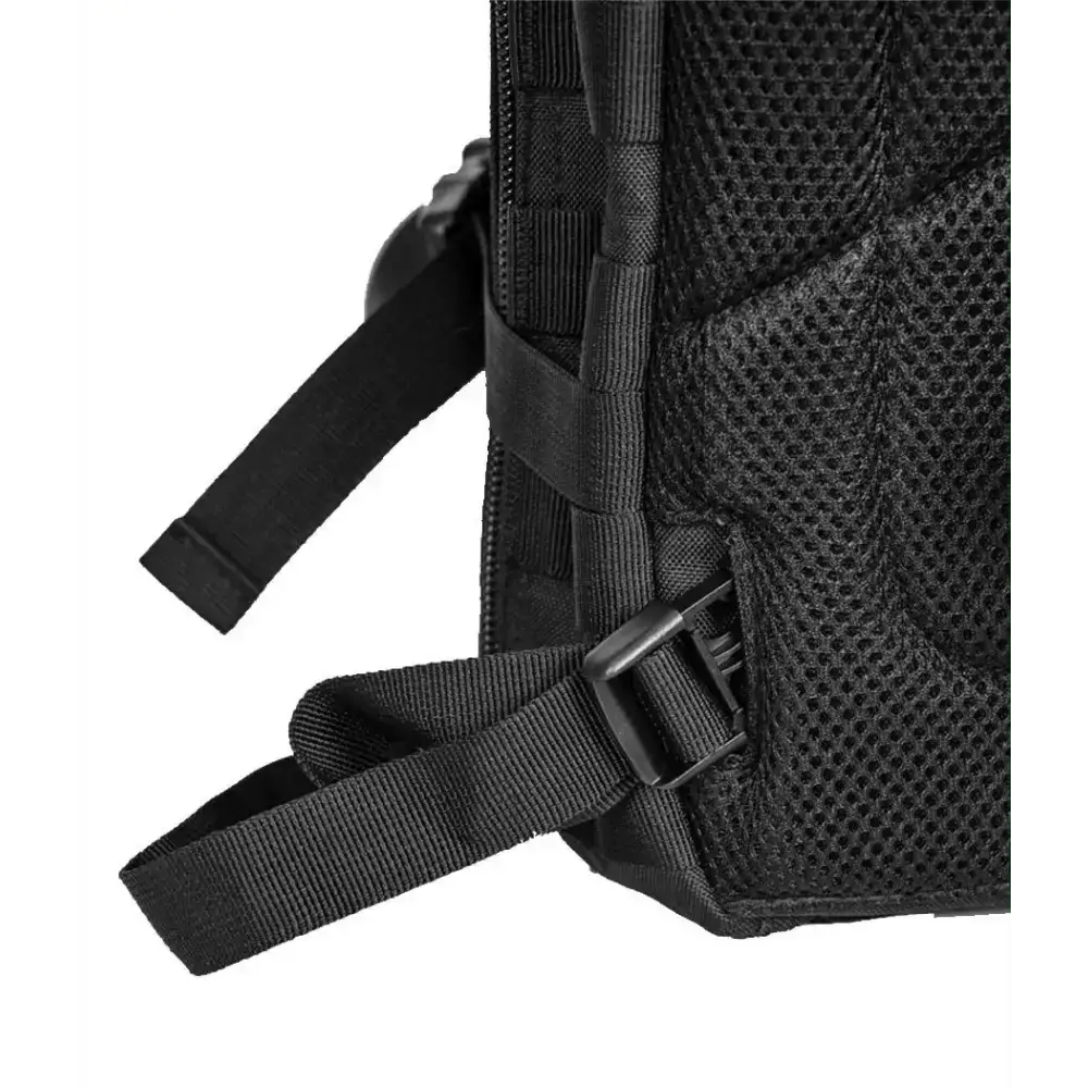 Black mesh backpack strap with adjustable buckle on Ultimate Assault Backpack