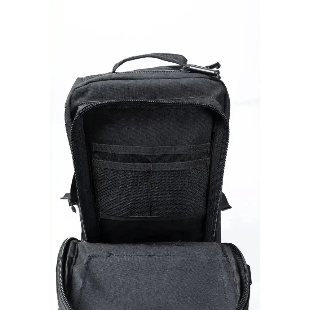 Black tactical Ultimate Assault Backpack with mesh pockets and multiple compartments