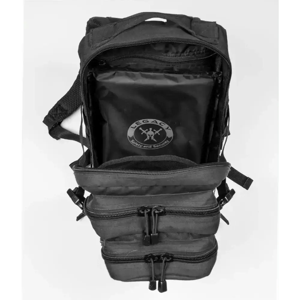 Black tactical Ultimate Assault Backpack with zippered compartments and logo patch