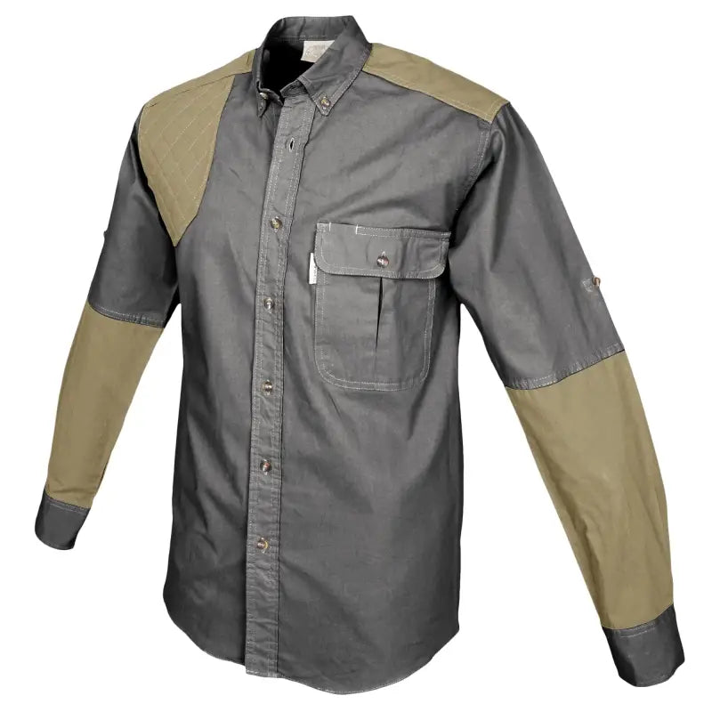 Two-toned Upland Shirt for Men featuring grey body and tan shoulder patches