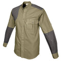 Olive green Upland Shirt for men with gray shoulder and elbow patches, perfect for first responders