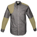 Gray and olive upland shirt for men with reinforced shoulder patches for shooting