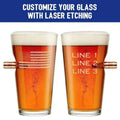 Two flag pint glasses, one featuring American flag design and customizable text