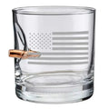 Etched American Flag Rocks Glass with embedded bullet design, 11oz. Perfect for gifts