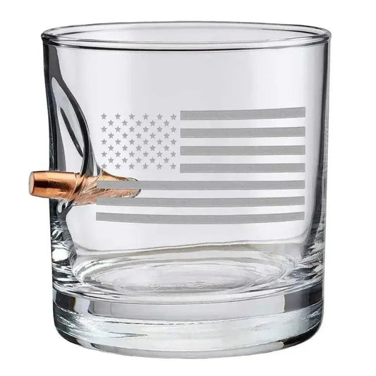 Etched American Flag Rocks Glass with embedded bullet design, 11oz. Perfect for gifts