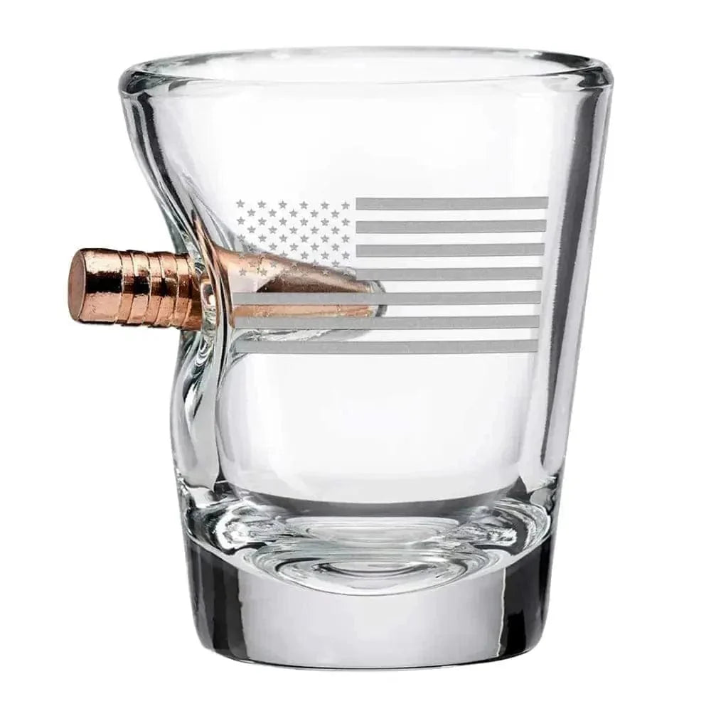 US Flag Shot Glass featuring a real bullet and etched American flag design