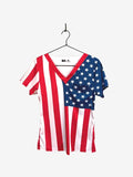 V-neck Patriotic Scrub Top for first responders featuring American flag stars and stripes