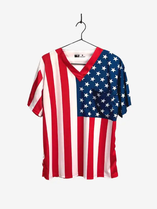 V-neck Patriotic Scrub Top with American flag design for first responders and firefighters