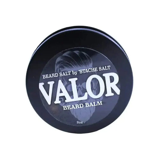 Black container of Stache Salt Valor Beard Balm for ultimate beard care and styling