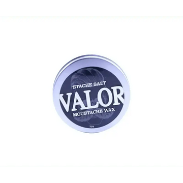 Circular tin of Valor Moustache Wax featuring strong hold with white beeswax