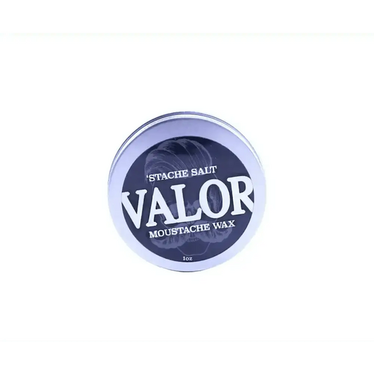 Circular tin of Valor Moustache Wax featuring strong hold with white beeswax