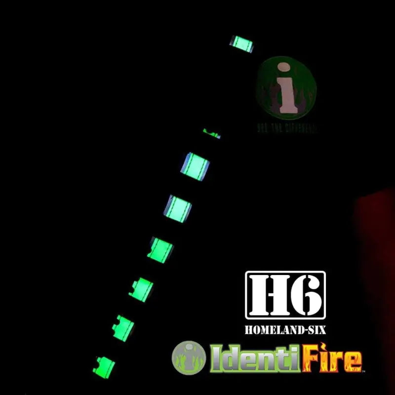 Vertical row of glowing green squares featuring H6 and IdentiFire logos for Frontline Radio Strap