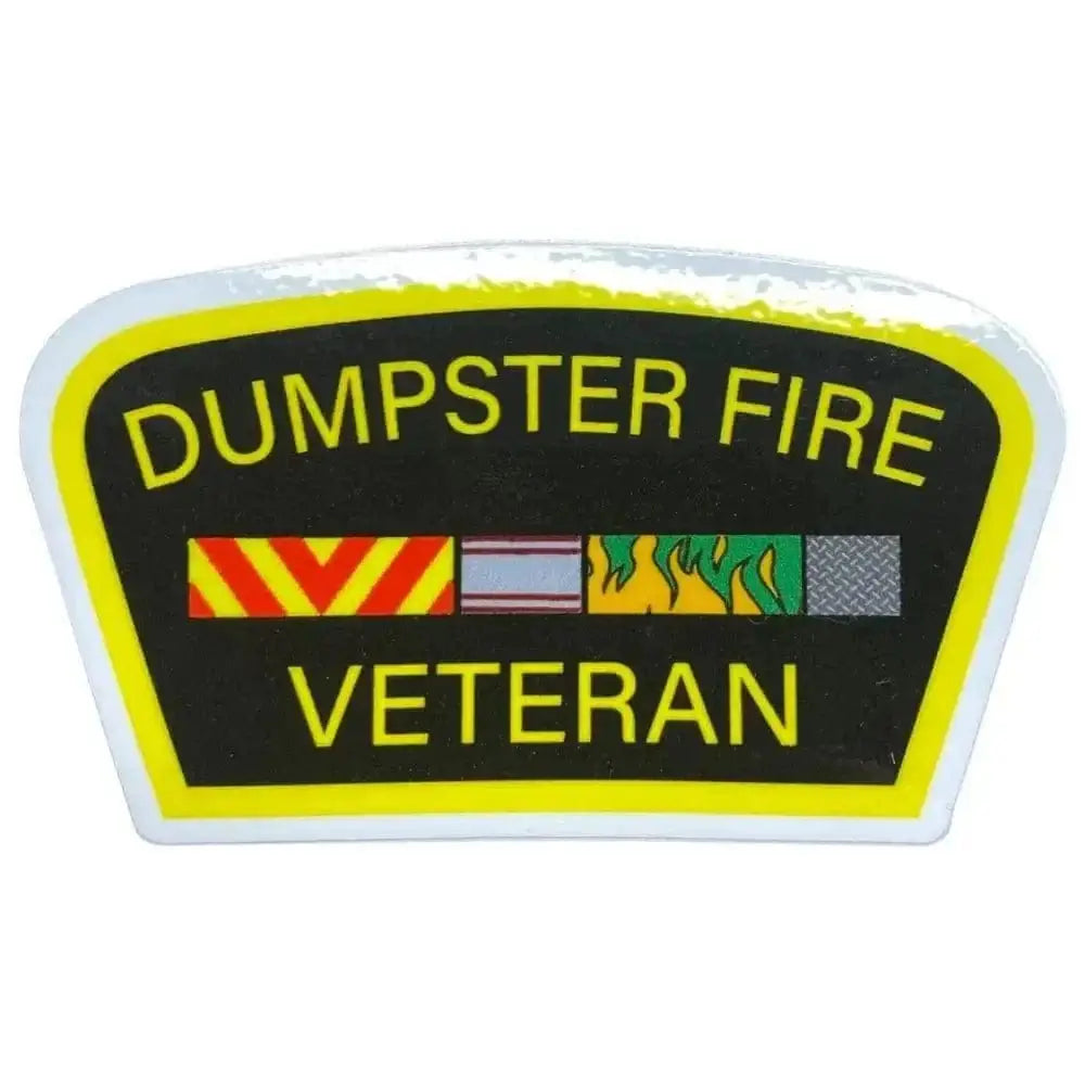 Black and yellow ’DUMPSTER FIRE VETERAN’ sticker for veterans and first responders