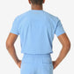 Back view of man in light blue men’s double-pocket scrub top showcasing its design