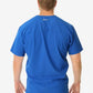 Back view of a person in a bright blue men’s double-pocket scrub top