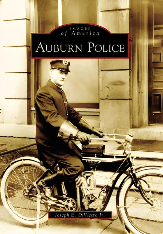 Vintage Auburn Police officer on motorcycle in sepia tone, honoring first responders