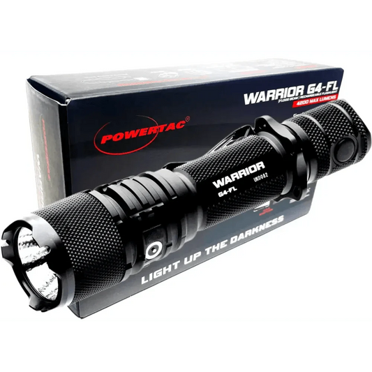 Black Warrior G4-FL flashlight with magnetic charging port and engineered plastic holster box