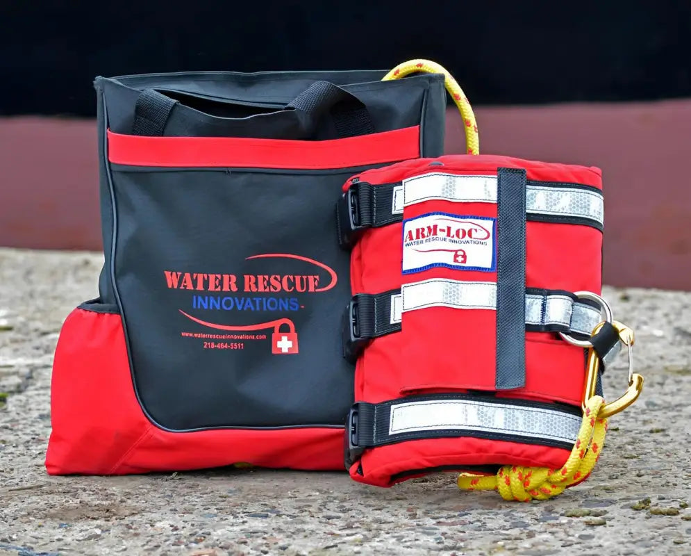 Water rescue equipment bag with red and black colors for ARM-LOC Rescue System