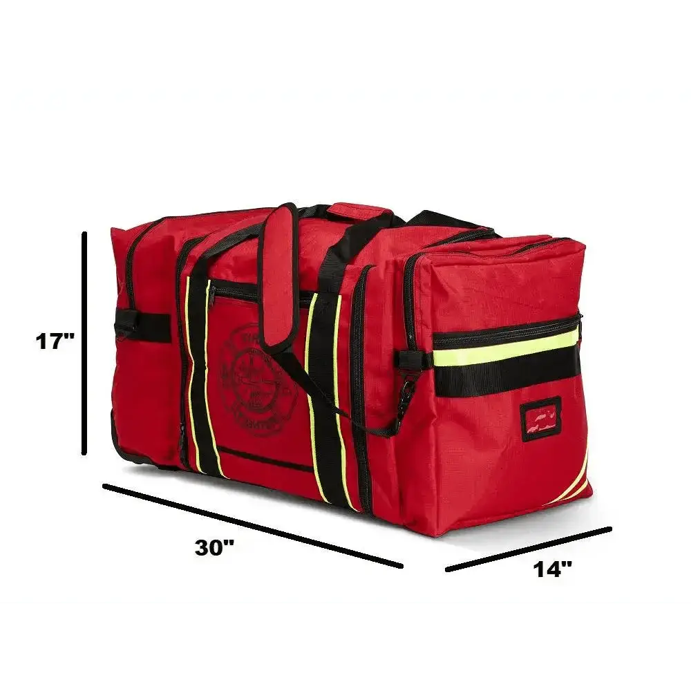 Red duffel bag with black straps and reflective trim for Wheeled Firefighter Jumbo Gear Bag