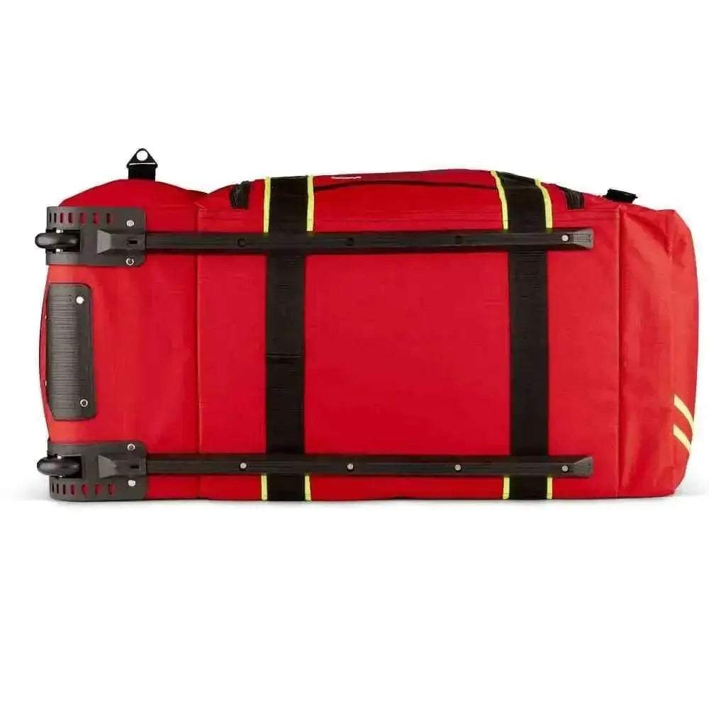 Red wheeled firefighter jumbo gear bag with black straps and reflective trim