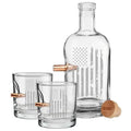 Patriotic decanter set with whiskey decanter and rocks glasses featuring bullet embellishments