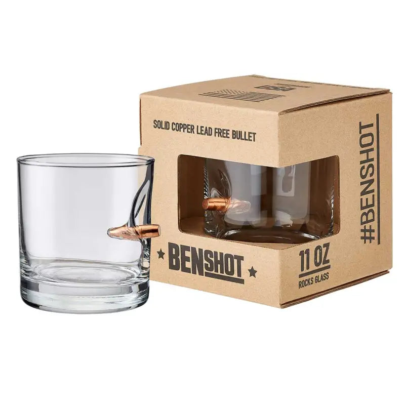 BenShot Rocks Glass with embedded copper bullet and product packaging displayed