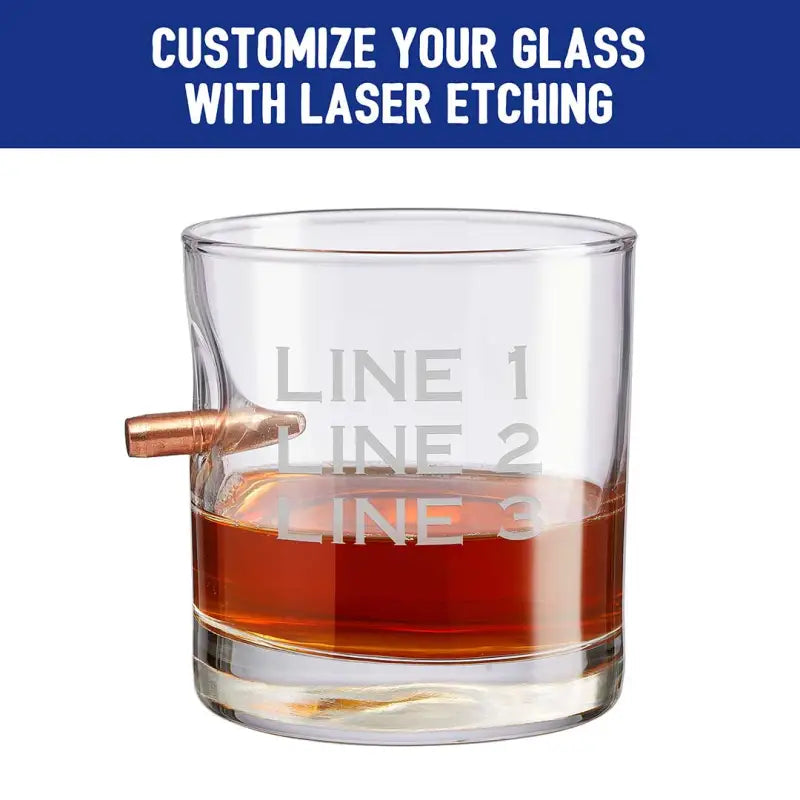 BenShot Rocks Glass with a bullet embedded, featuring laser-etched text lines