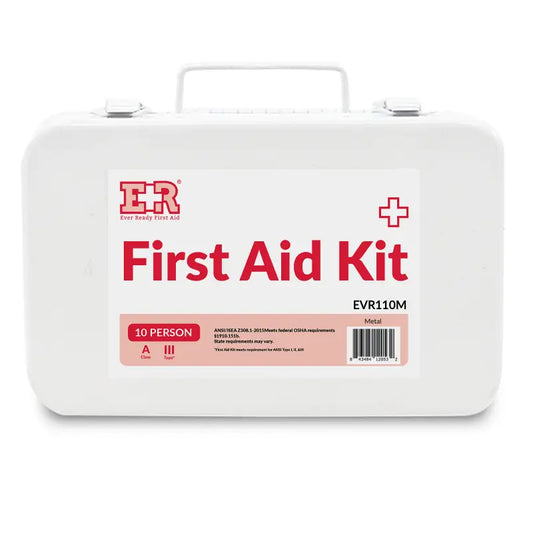 White first aid kit in metal case ideal for first responders and firefighters