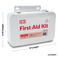 White first aid kit with metal case for first responders and firefighters, dimensions shown