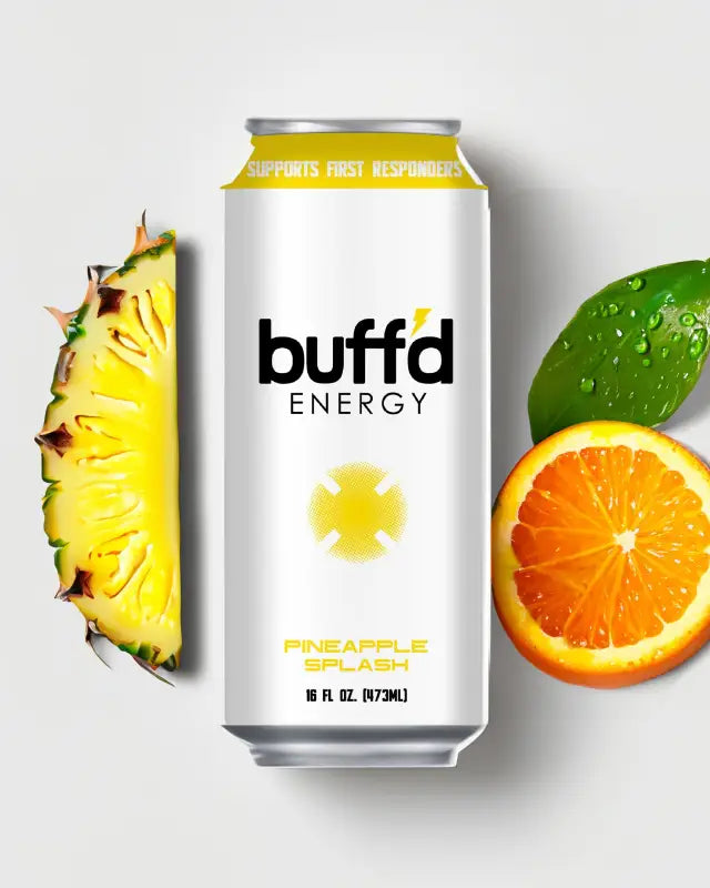 White aluminum can of Buffd Energy Pineapple Splash for first responders refreshment