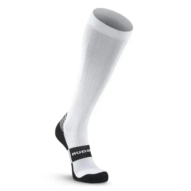 White tall compression socks with black accents for superior abrasion resistance