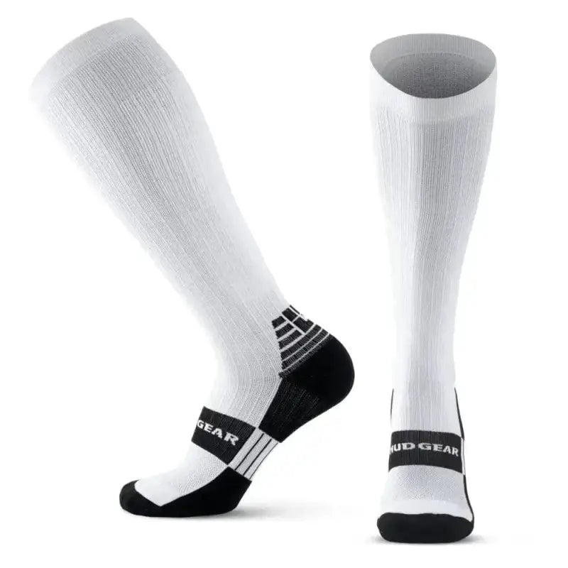 White tall compression socks with black accents, featuring superior abrasion resistance