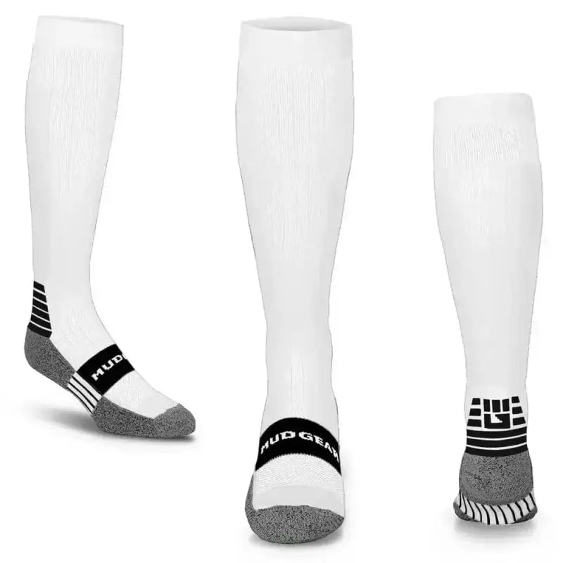 White tall compression socks with gray reinforced heels and toes for superior abrasion resistance