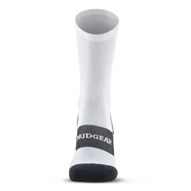 White MudGear Crew Height Socks with black accents for trail running and athletic use