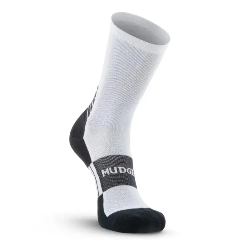 White MudGear Crew Height Socks with black accents, ideal for height trail running