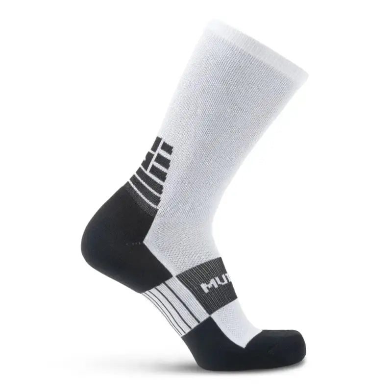 White MudGear Crew Height Socks with black accents and MUF branding for height trail running