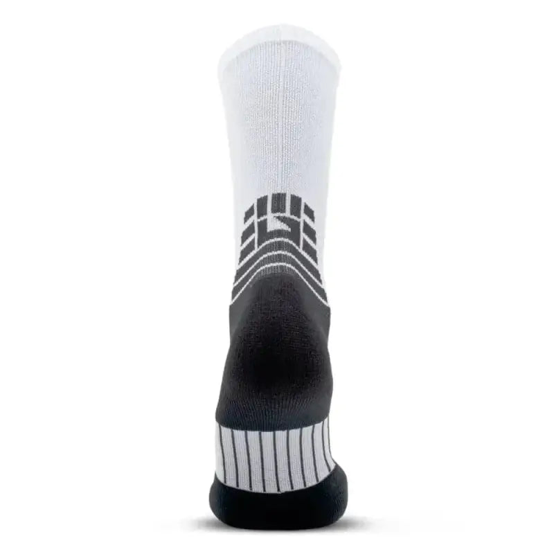 White MudGear Crew Height Socks with black geometric patterns and stripes for trail running