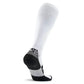 White tall compression socks with black heel, toe and striped arch support for comfort