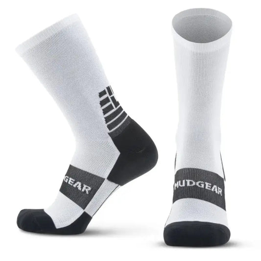 White MudGear Crew Height Socks with black accents for height trail running