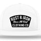 White baseball cap with black Rust & Iron Clothing Co logo, performance water resistant