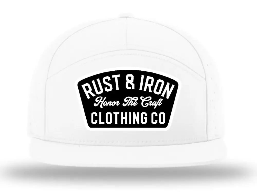 White baseball cap with black Rust & Iron Clothing Co logo, performance water resistant