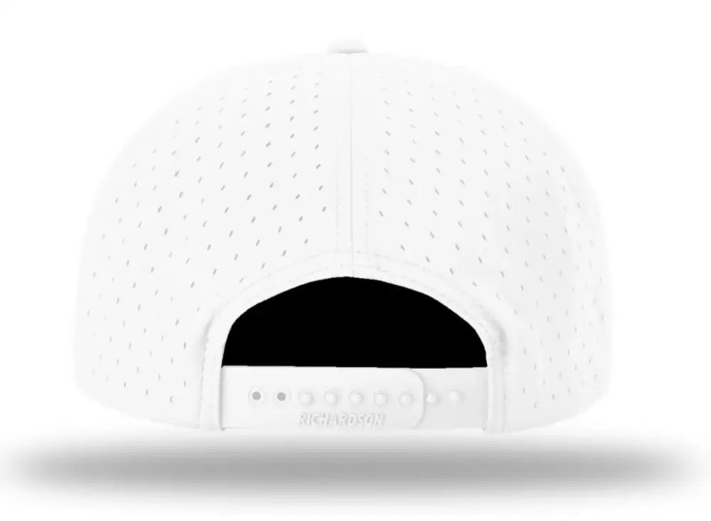 White performance water resistant baseball cap with black underside viewed from behind