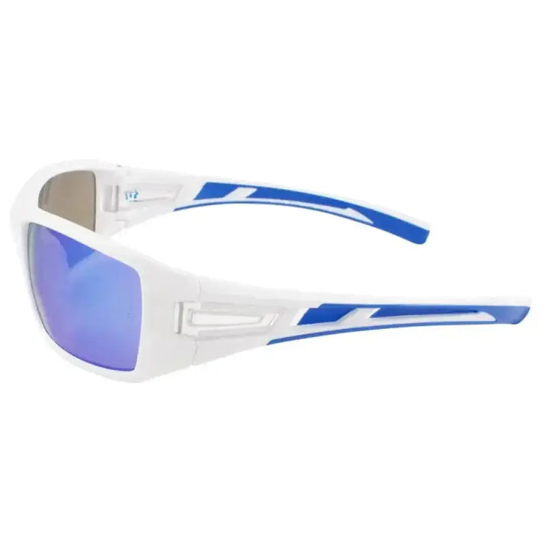 White and blue METEL M30 Safety Sunglasses with blue mirror lens and flexible temples